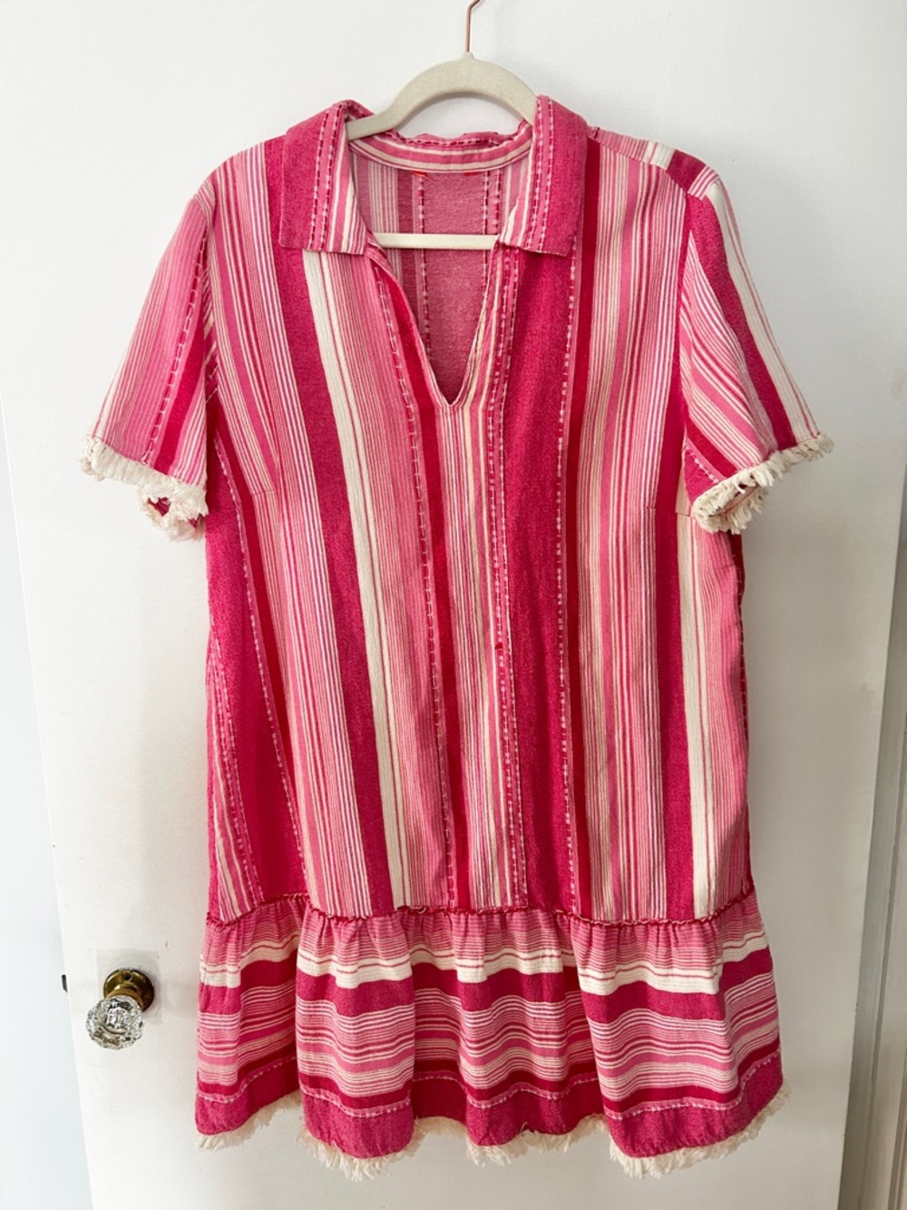 100% Cotton Pink Striped Relaxed Boxy Boho Midi Dress Large Beach Holiday Resort - Picture 3 of 5